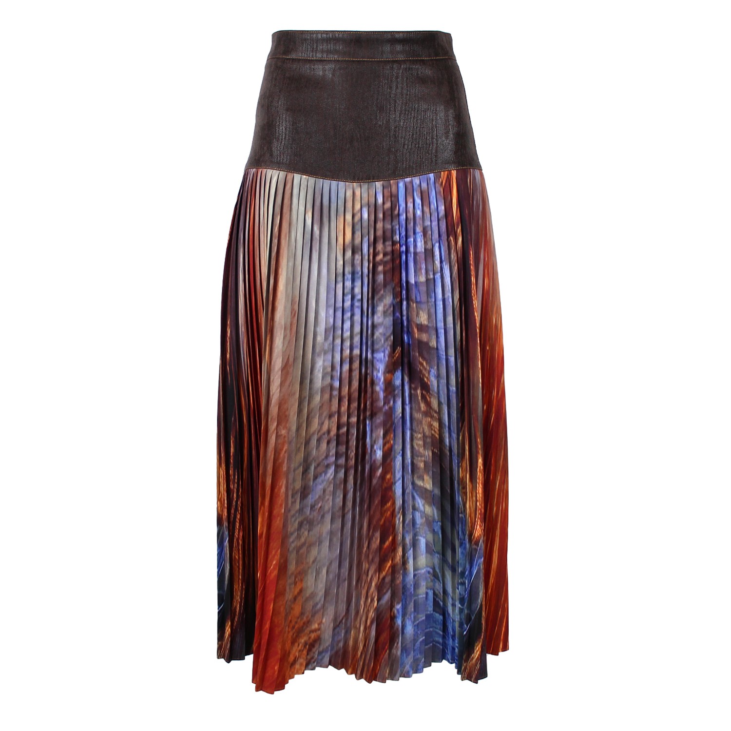 Pleated Midi Skirt With Wood-Textured Suede Feel Vegan Leather Waist