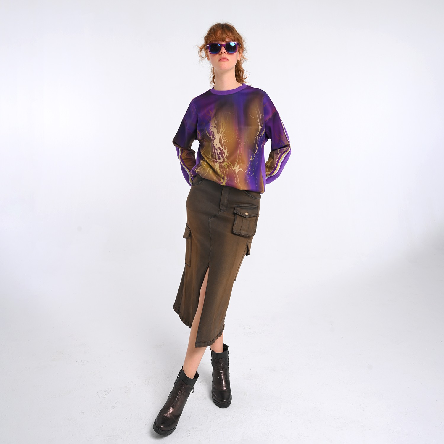 Abstract Print & Purple Paneled Sweatshirt
