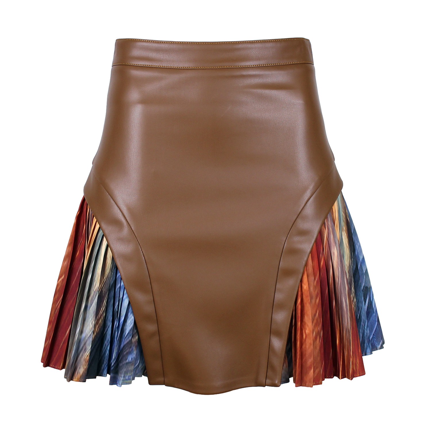 Mini Skirt With Pleated Digital Print Inserts And Vegan Leather Panels