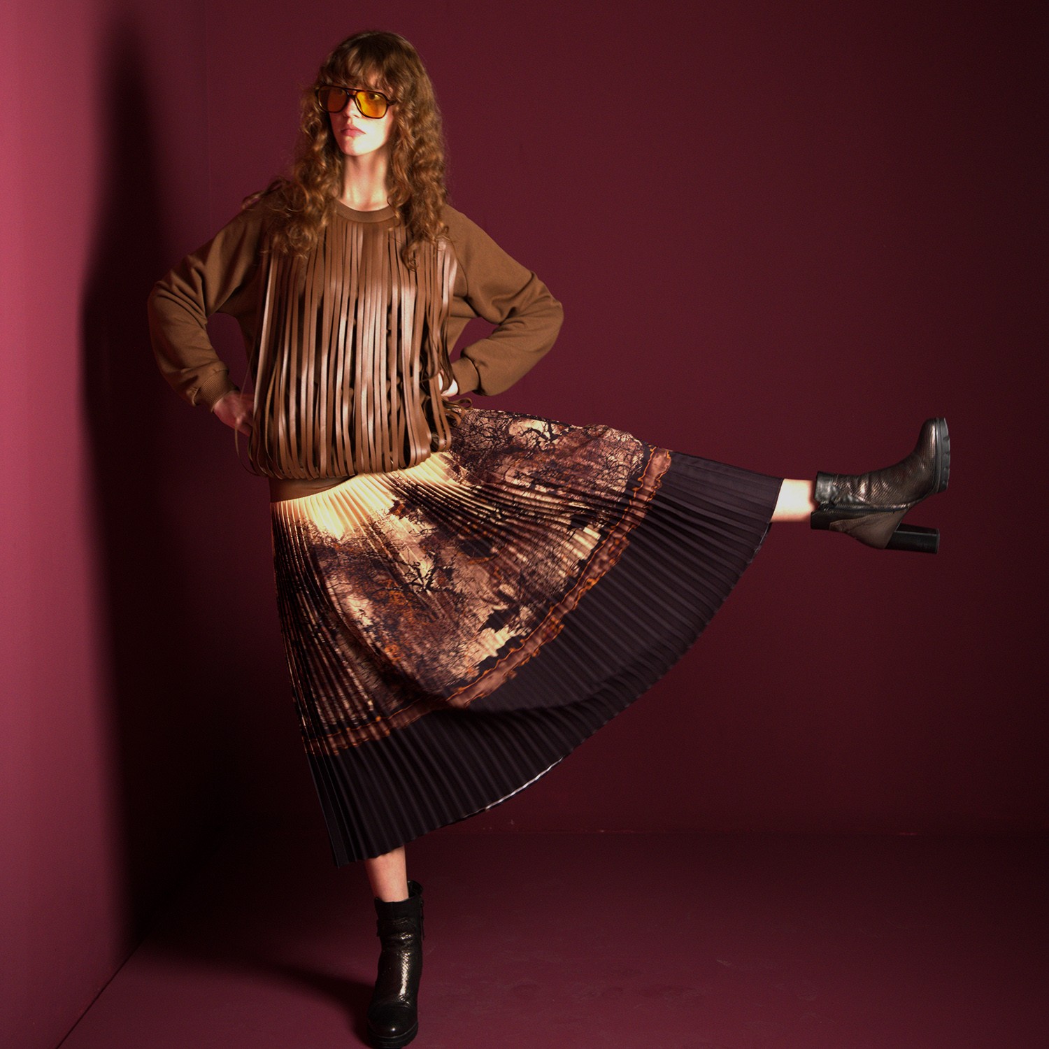 Walnut Sweatshirt With Laser-Cut Vegan Leather Fringes
