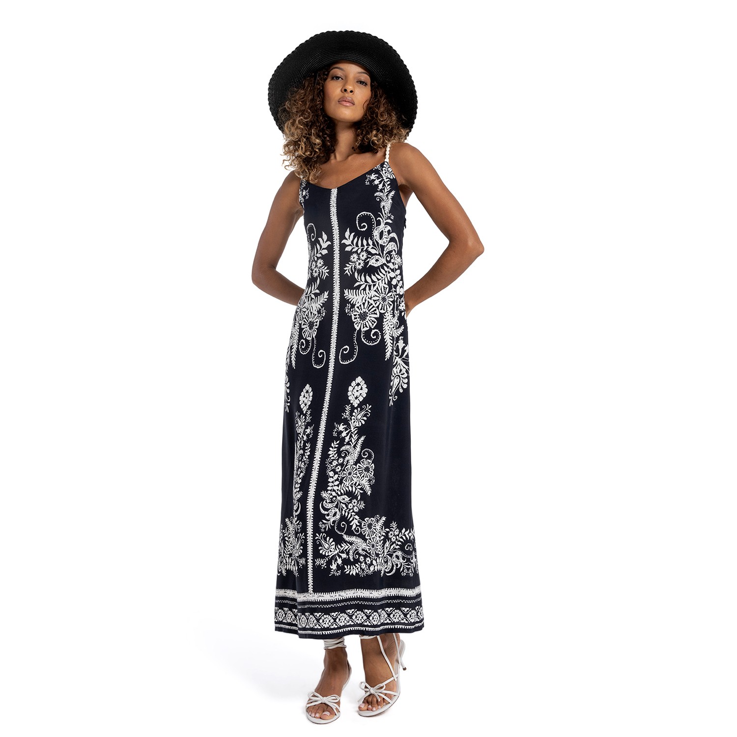 Black And White Floral Tapestry Midi Dress