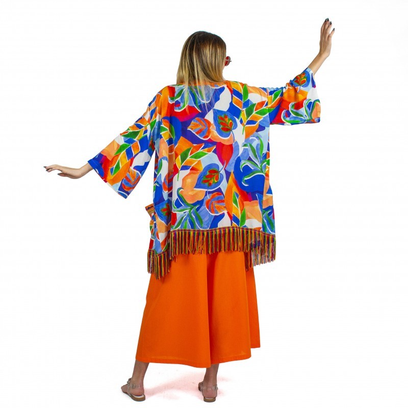 Colorful Leaf Print Midi Kimono with Embroidery Borders
