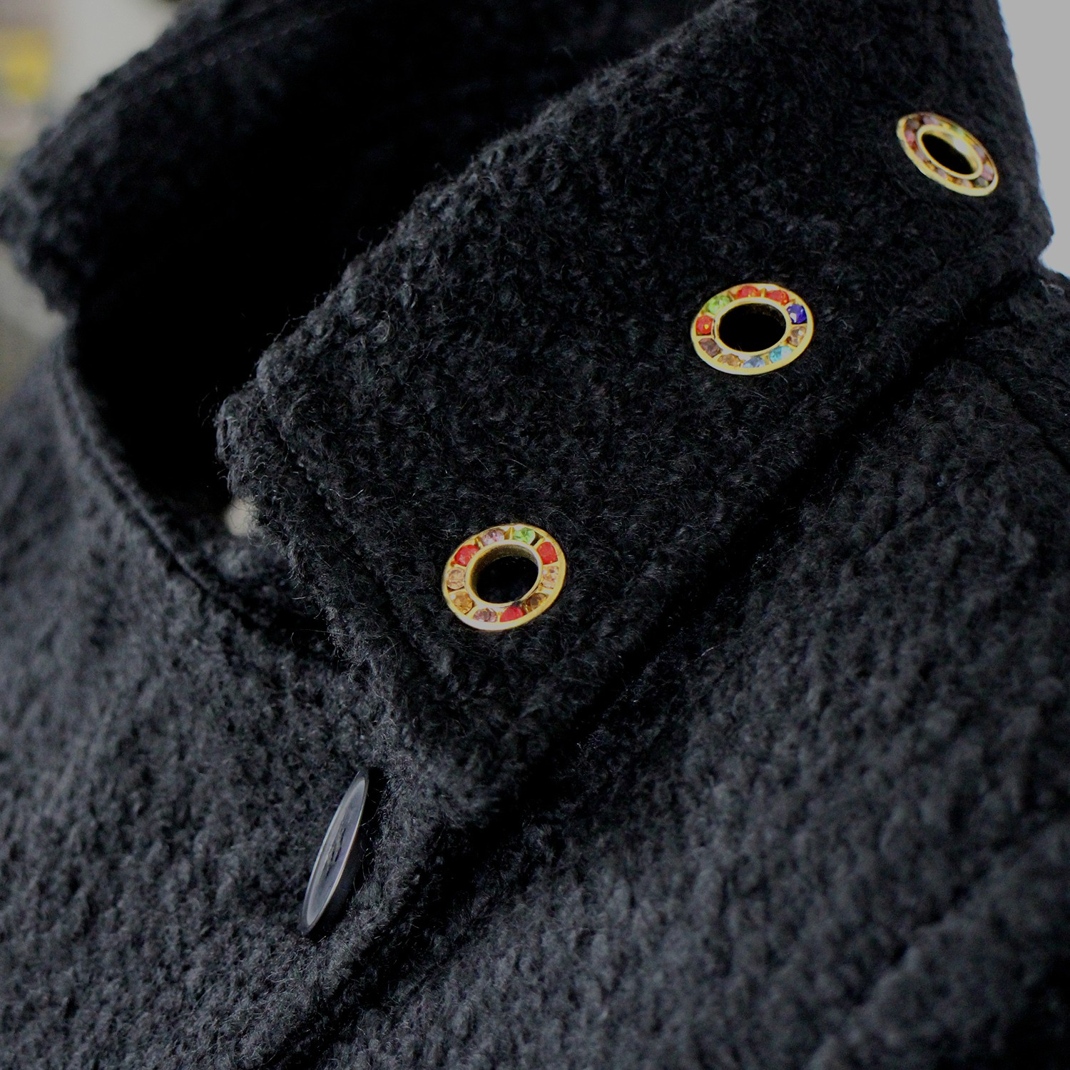 Black Felted Wool-Blend Colorful Eyelet Short Coat
