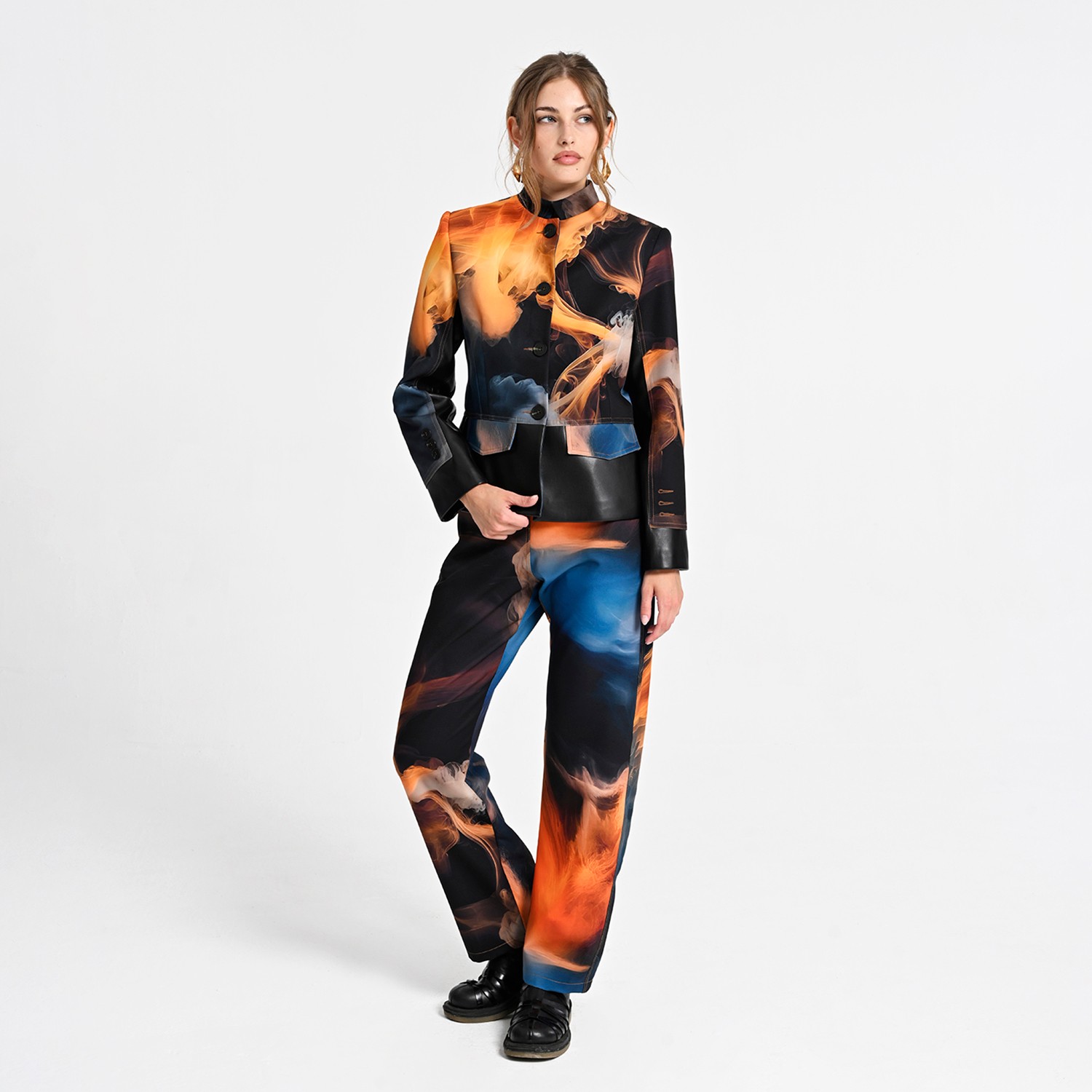 Cropped Jacket with Vegan Leather Trim and Digital Flame Print