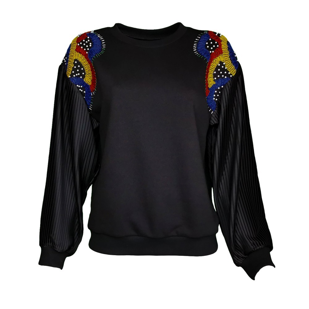 Pleated Sleeve Black Sweatshirt With Embroidered Shoulders