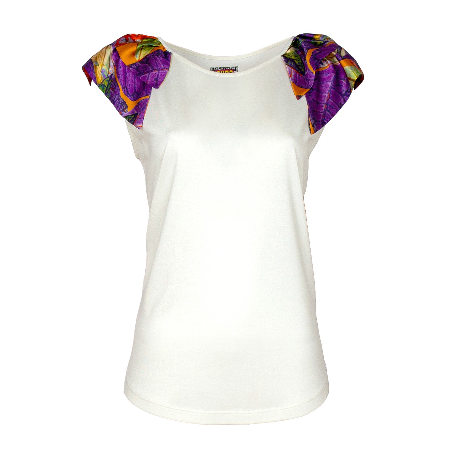 Off White Blouse With Printed Satin Ruffled Shoulders
