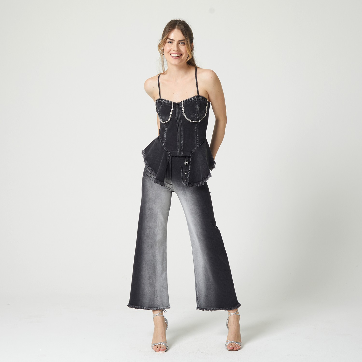 Hand Stitched Crystal Embellished Denim Corset Top With Ruffles