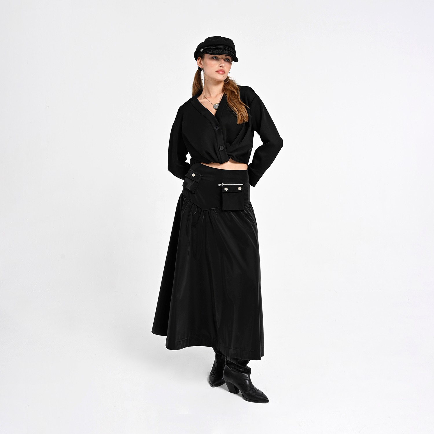 Black Cropped Shirt With Draped Front Detail