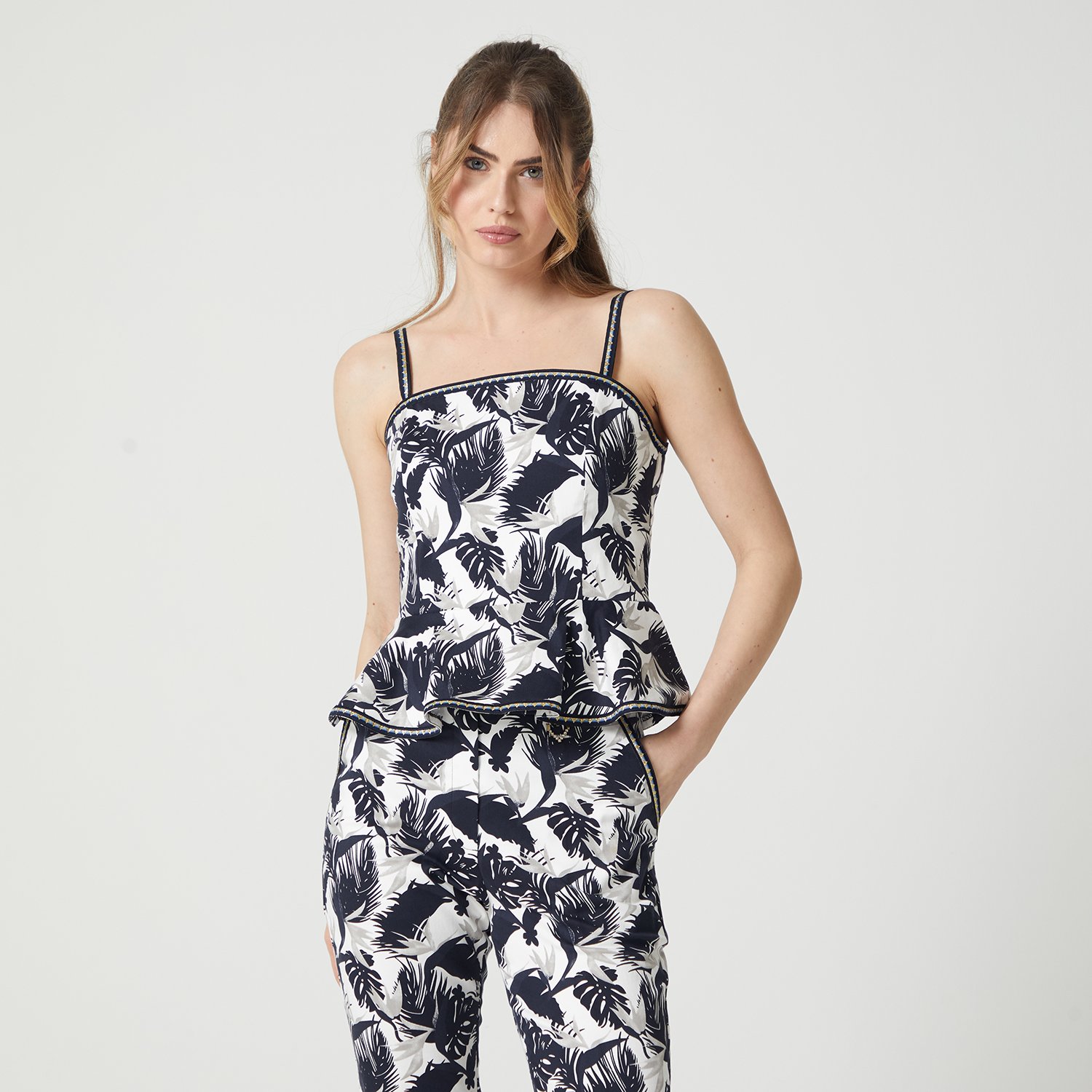 Palm Leaves Design Printed Peplum-Hem Bustier Top