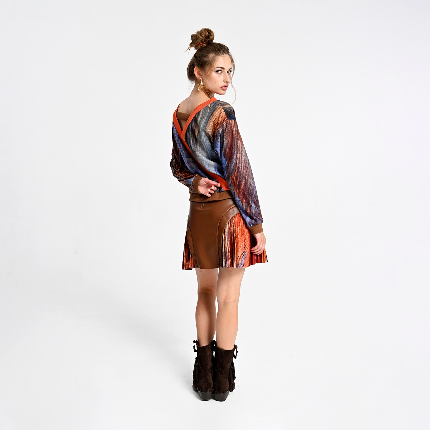 Mini Skirt With Pleated Digital Print Inserts And Vegan Leather Panels