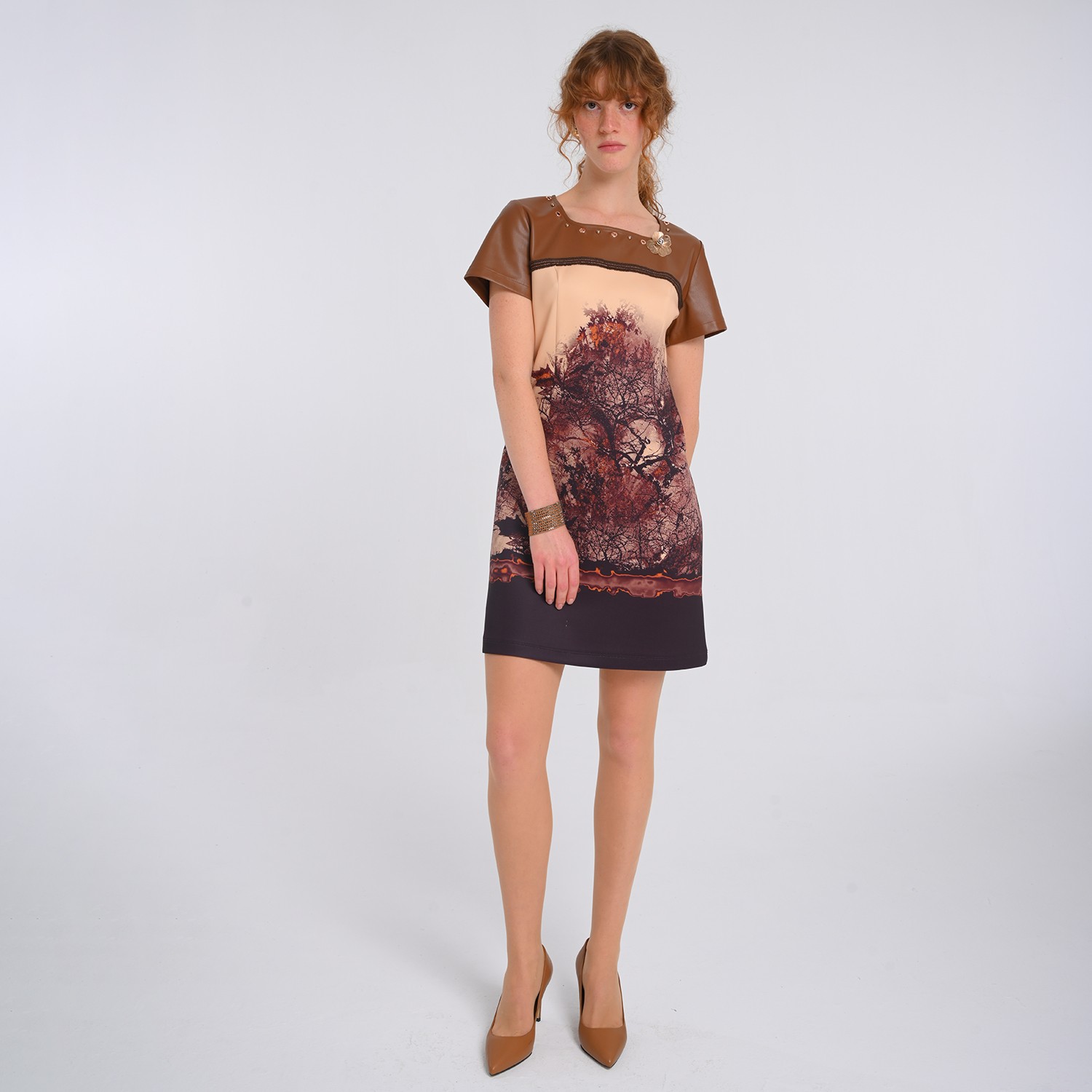 All-Over Graphic Print Short Sleeve Dress Panelled With Vegan Leather