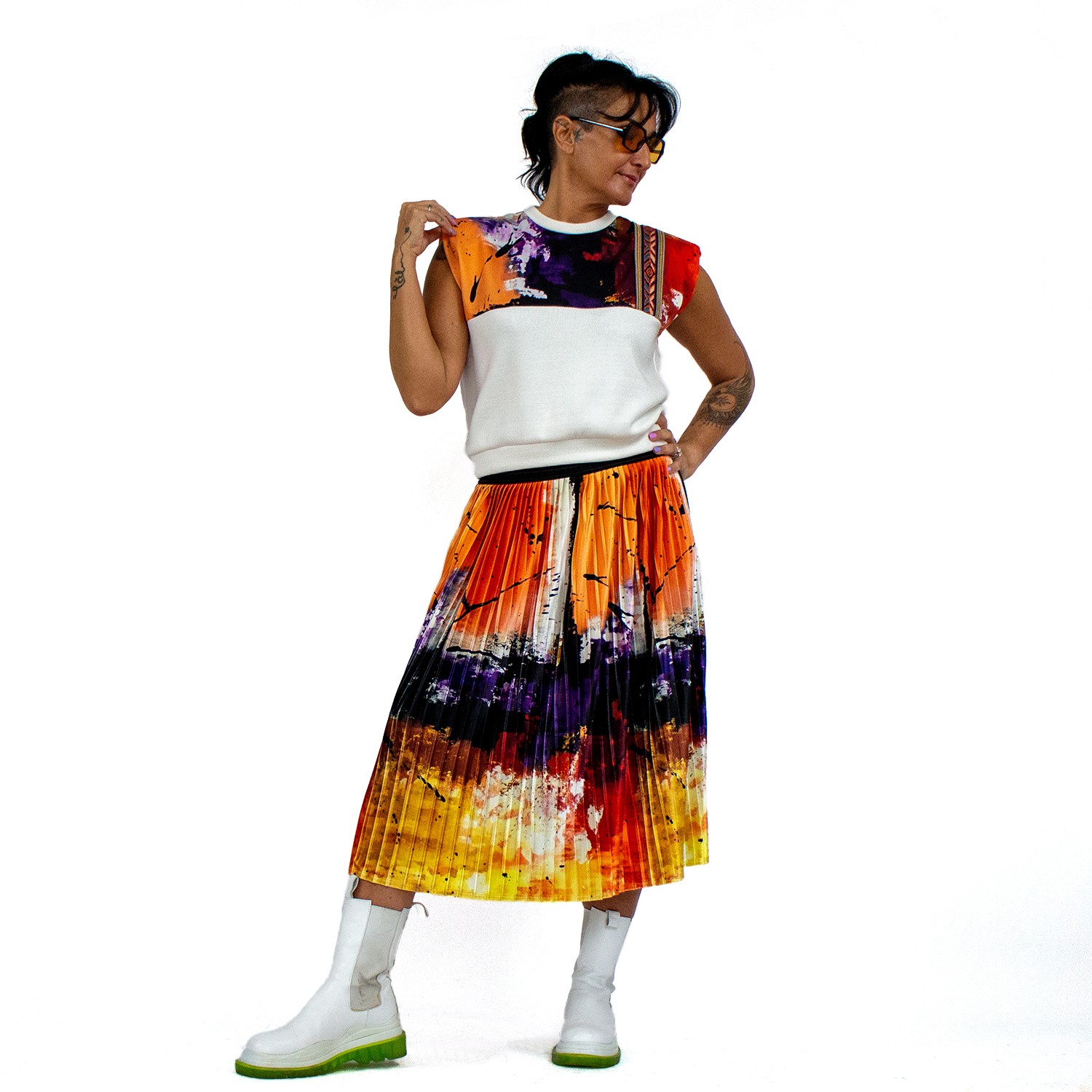 Colorful & Abstract Print Pleated Velvet Midi Skirt
