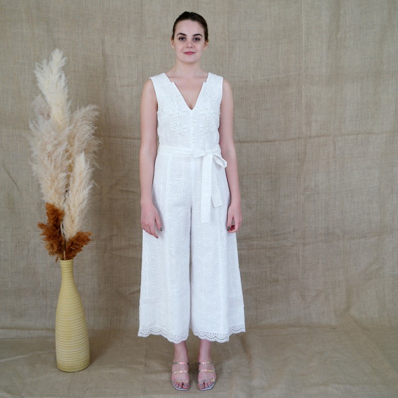 White Cotton Embroidery Jumpsuit With Faux Pearl & Diamond Details