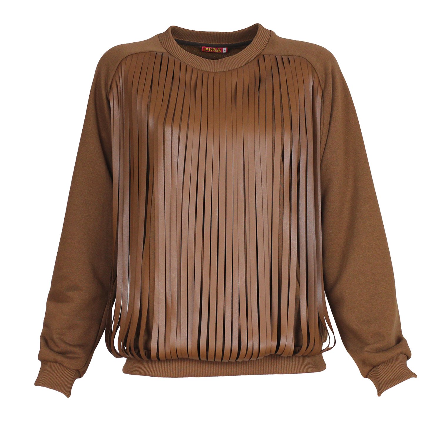 Walnut Sweatshirt With Laser-Cut Vegan Leather Fringes