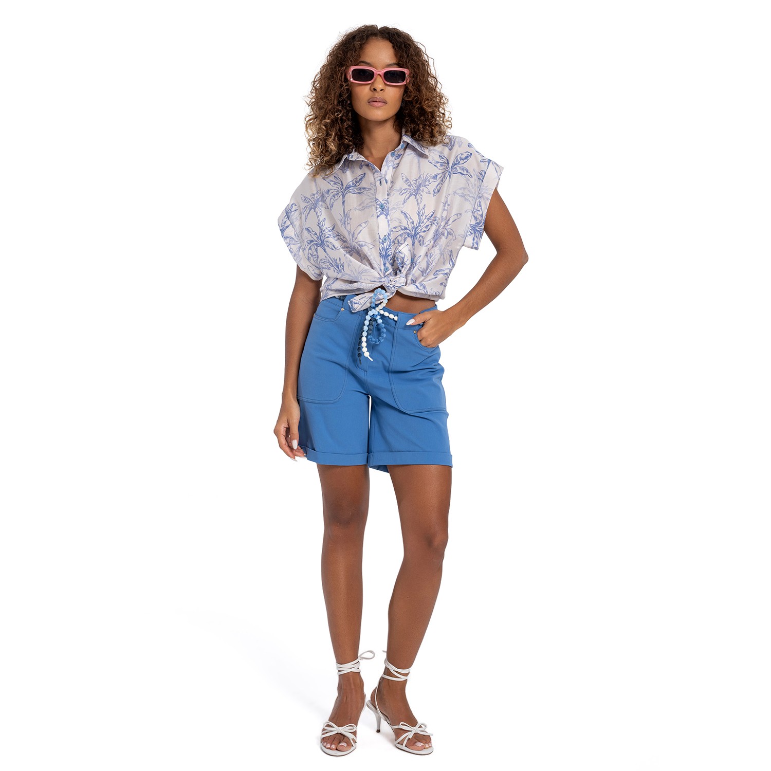 Drop-Shoulder Palm Leaf Printed Button-Down Shirt