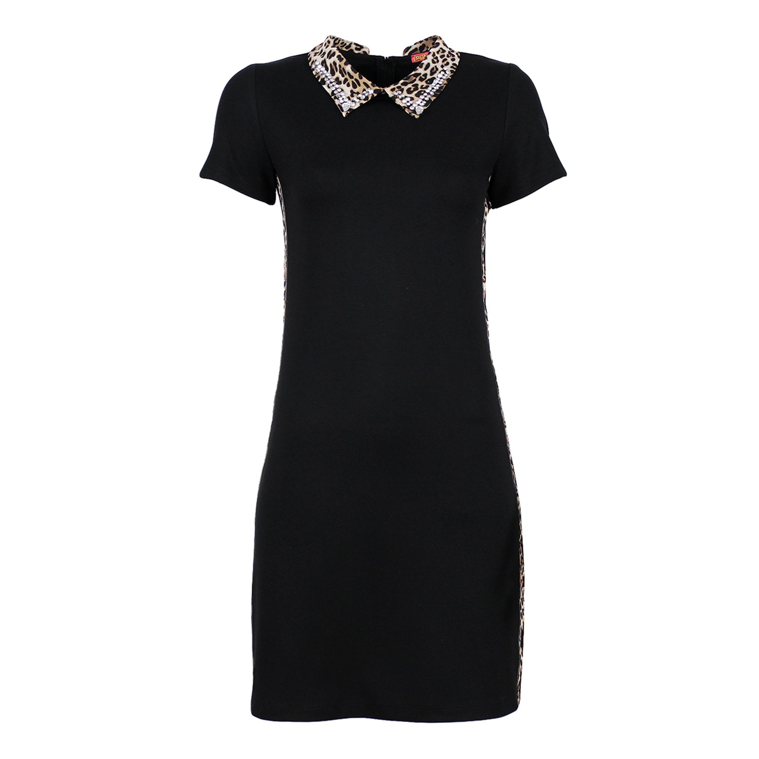 Mini Black Knitted Dress With Faux Crystal Embellished Leopard Print Collar