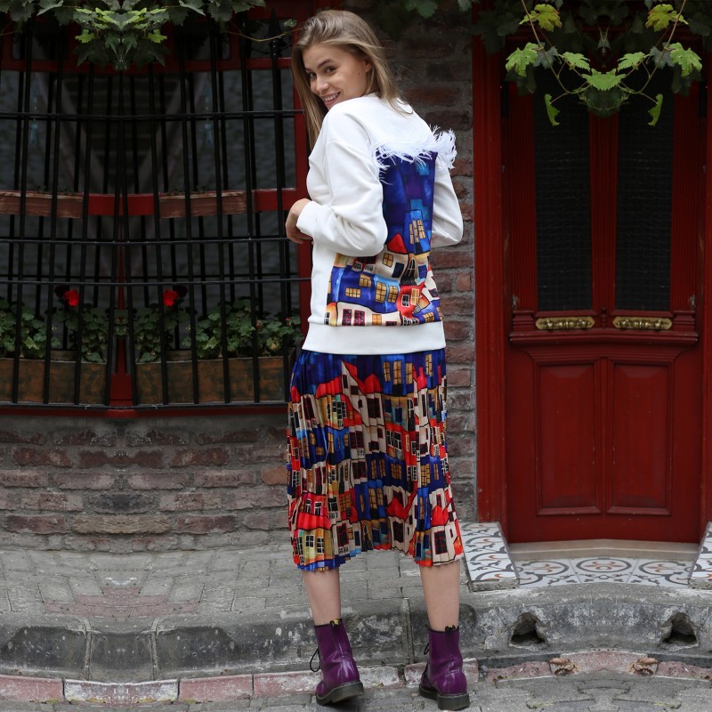 White Cotton Sweatshirt With House Pattern Print On The Back