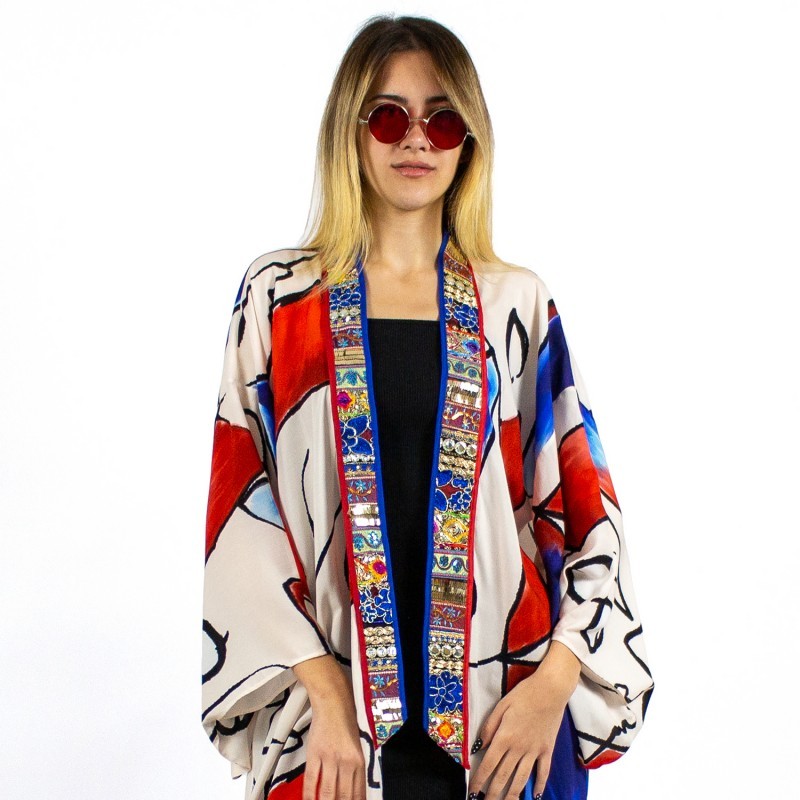 Abstract Viscose Kimono Embellished with Embroidery Details