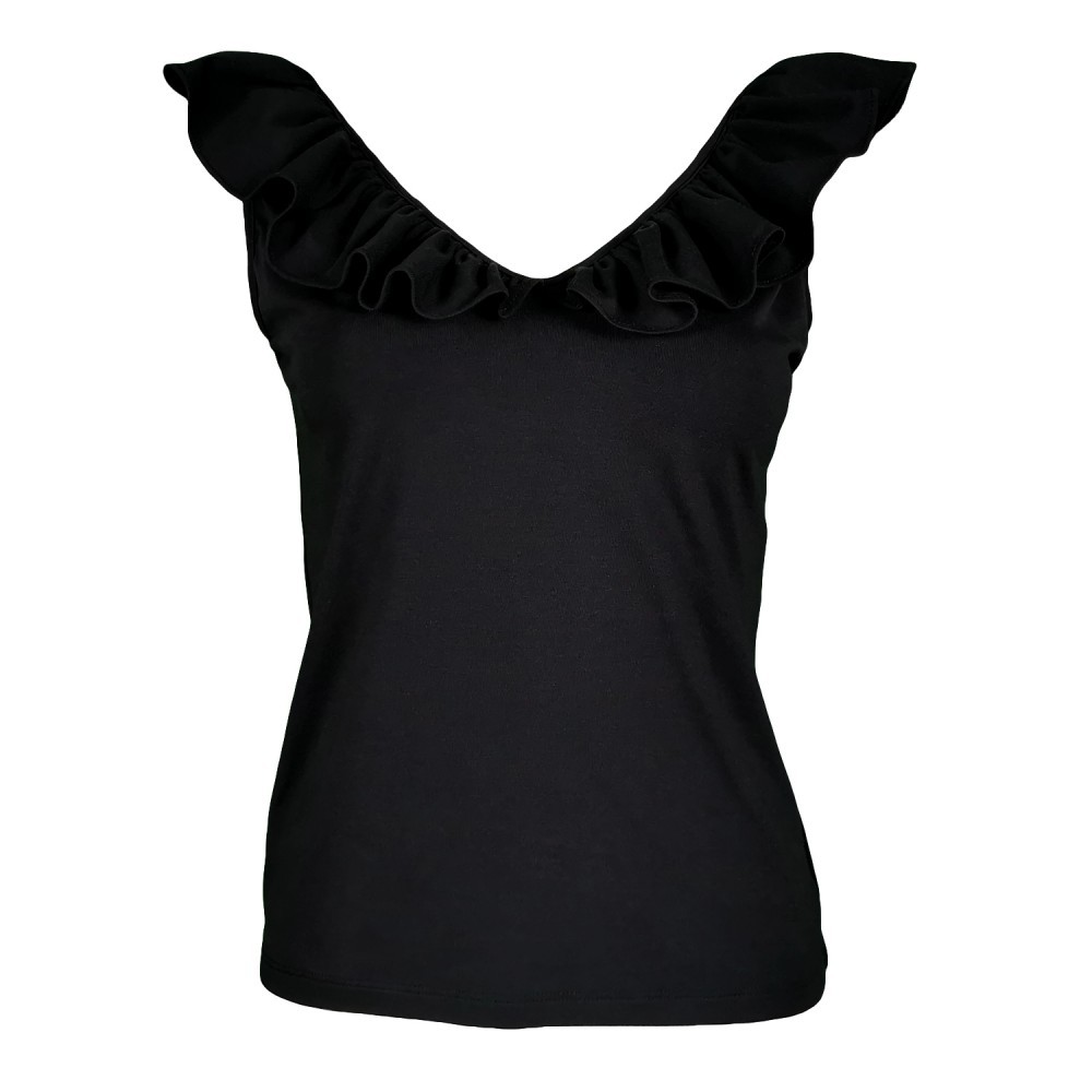 Sleeveless Black Blouse With Ruffled V-Neck