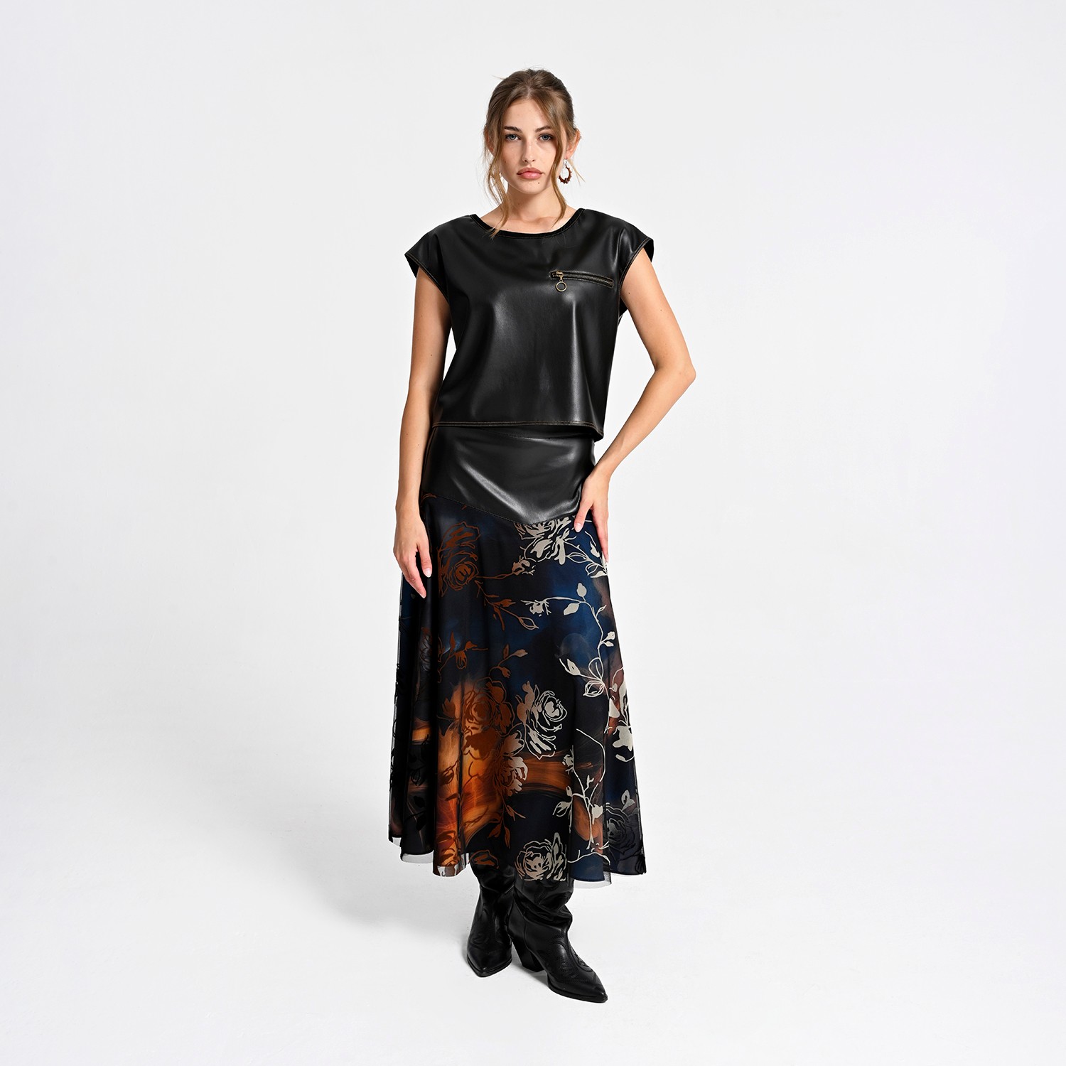 Sleeveless Blouse with Vegan Leather Finish and Zipper Detail