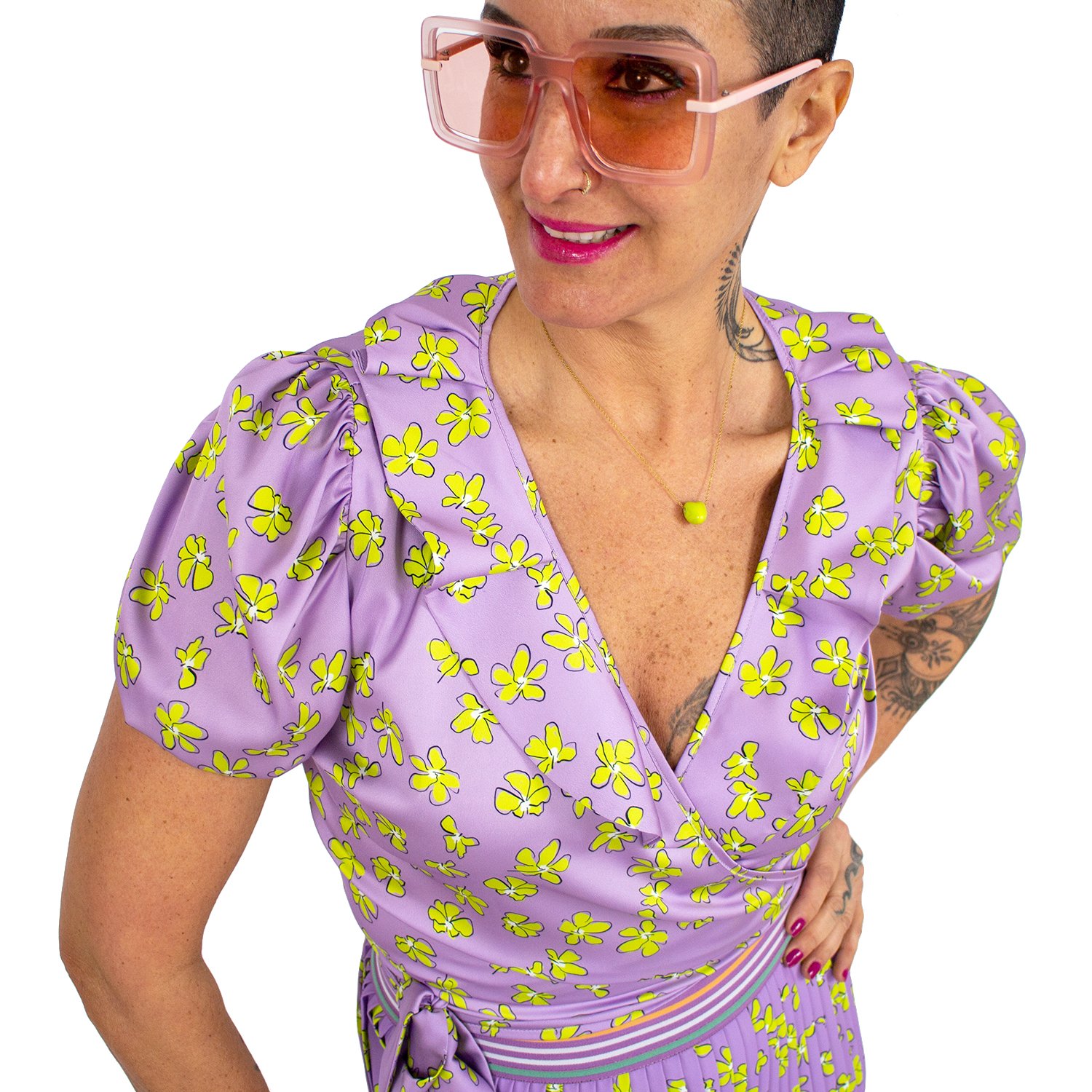 Lilac Floral Print Double-Breasted Puff Sleeve Satin Blouse