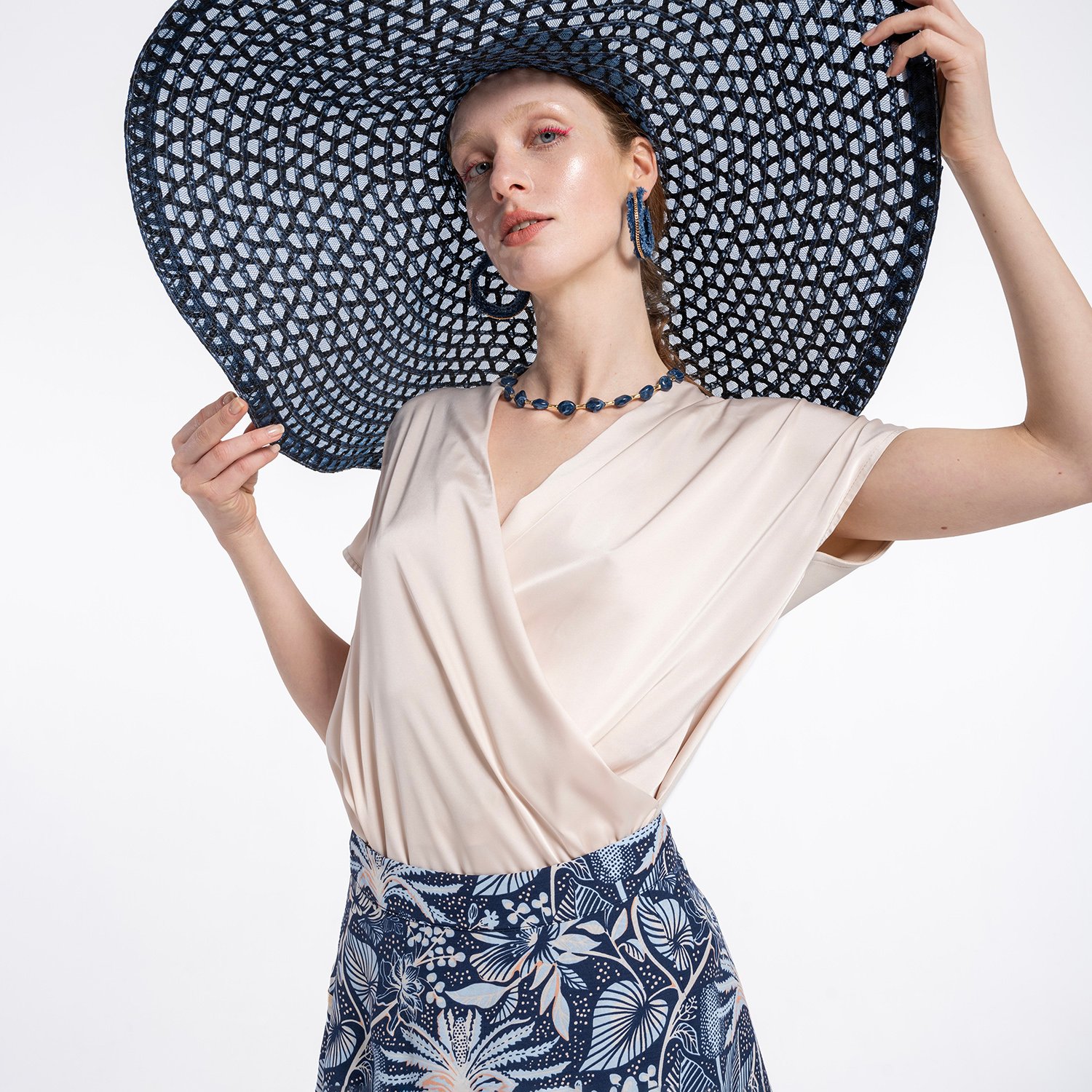 Draped Silky Touch Satin Double-Breasted Blouse With Knitted Back