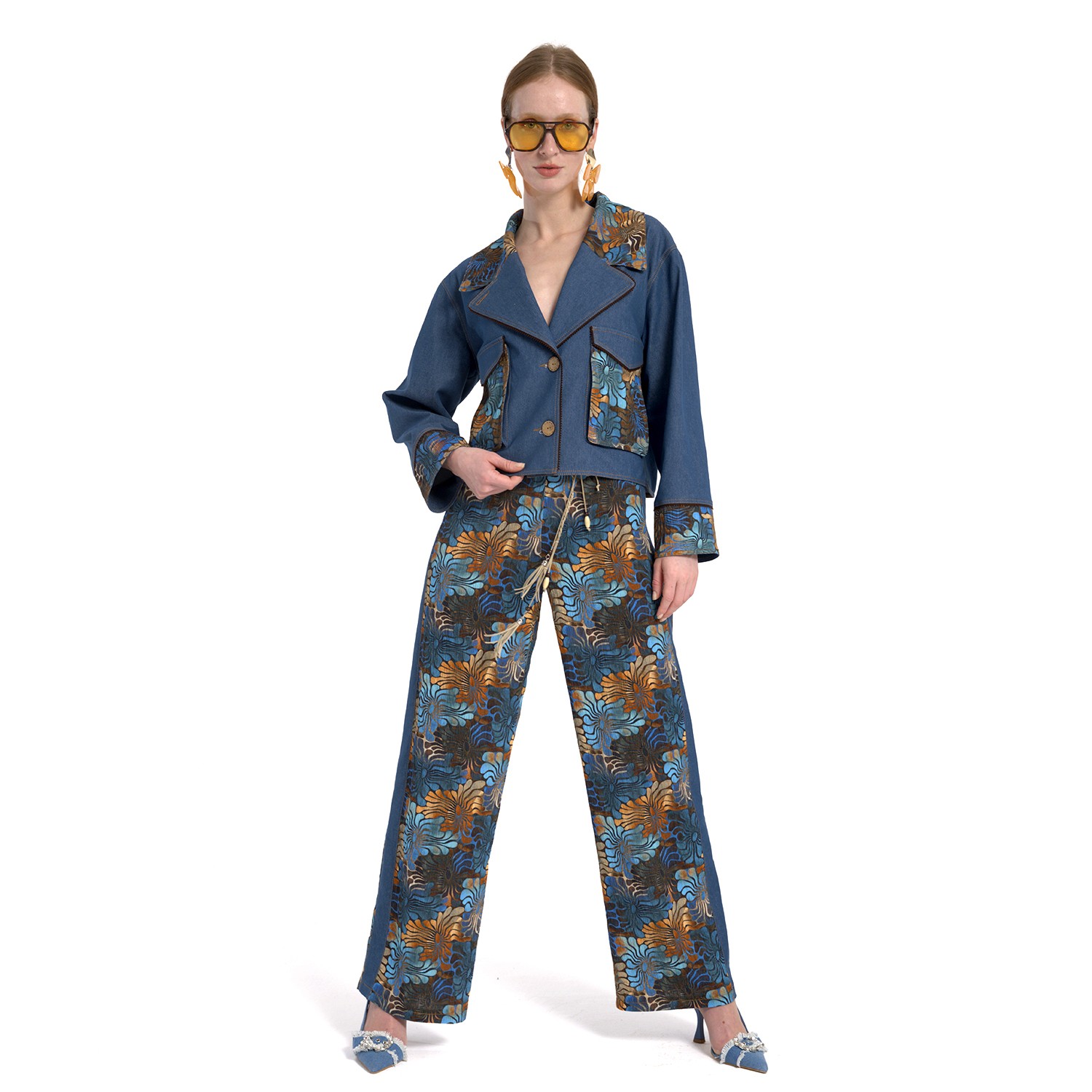 Floral Print Indigo Wide-Leg Pants