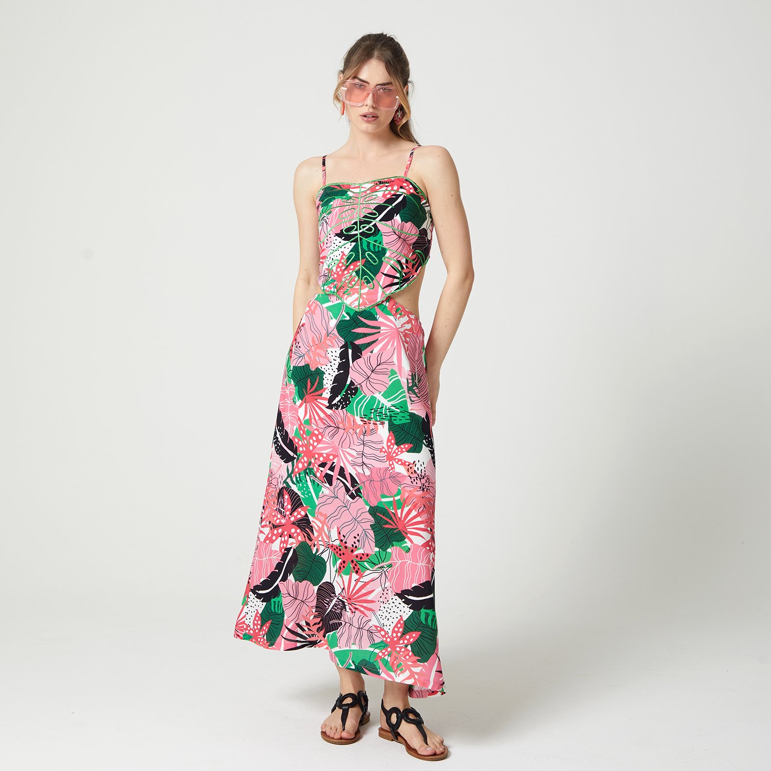 Palm-Leaf Embroidered Ribbed Cut-Out Dress