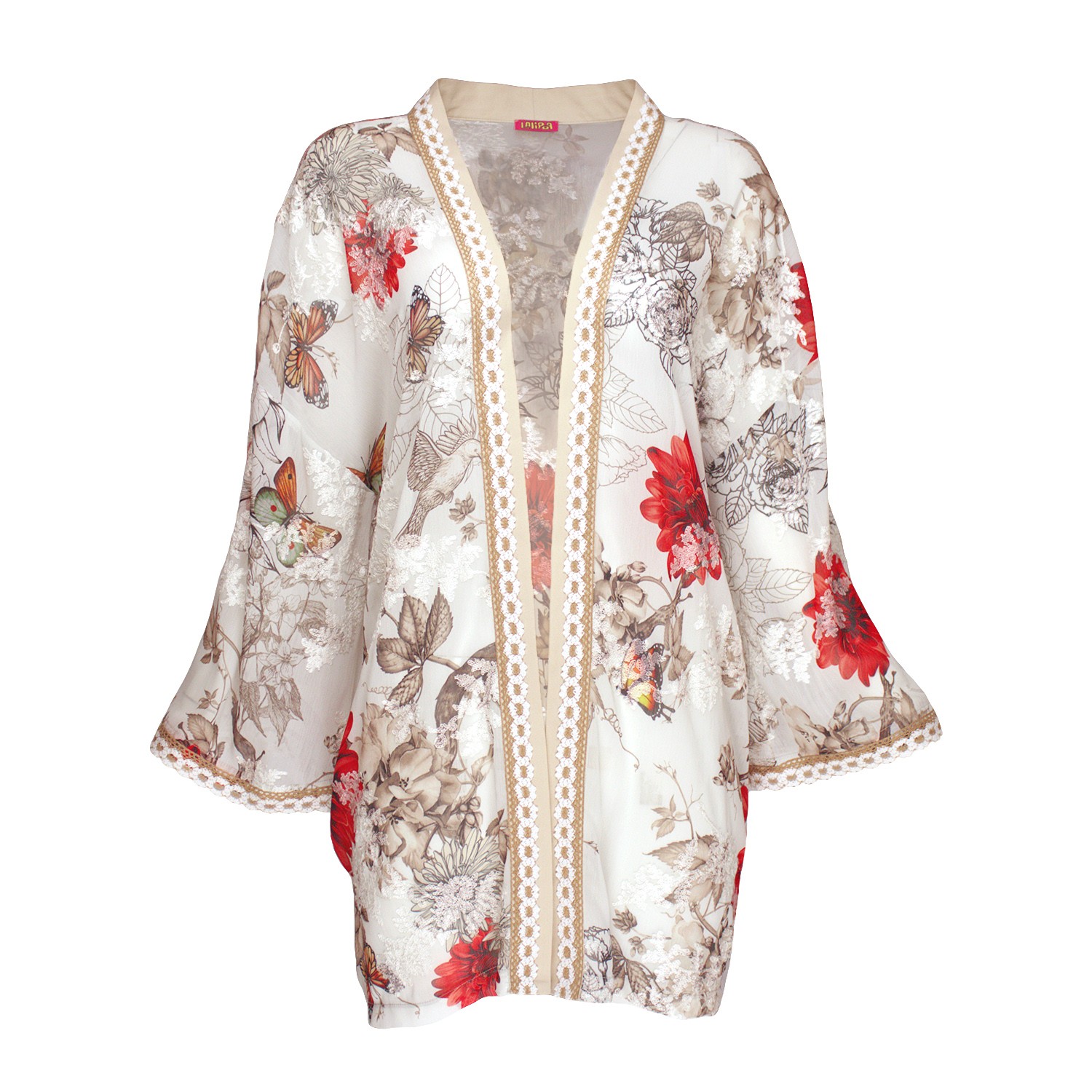 Floral Print Embroidered Chiffon Kimono