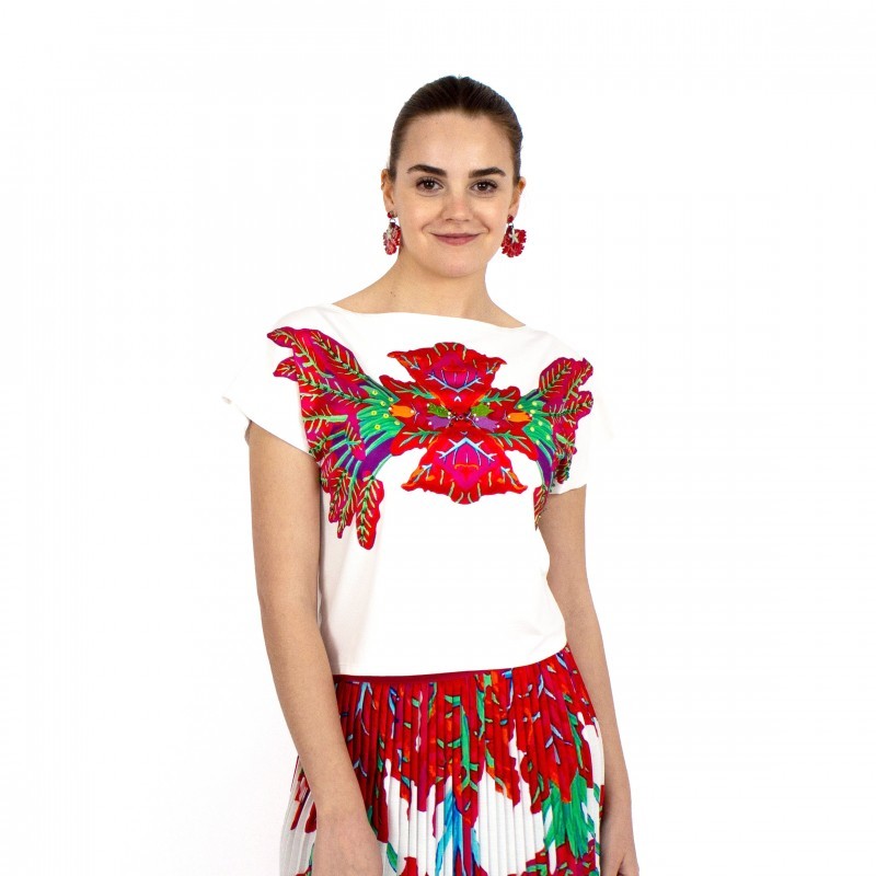 White Blouse with Laser-cut Red Leaves Print on the Chest