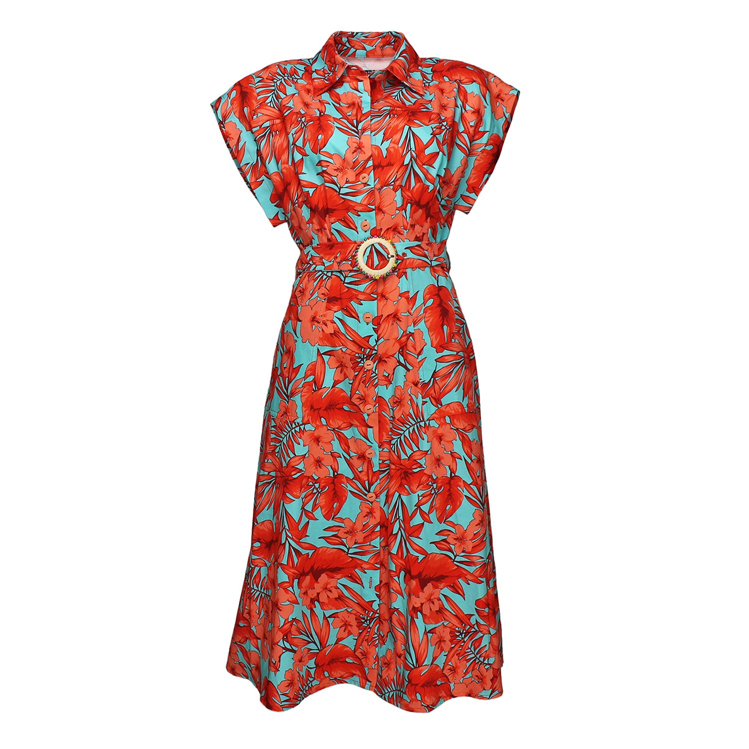 Multicolor Floral Print Viscose Midi Shirtdress