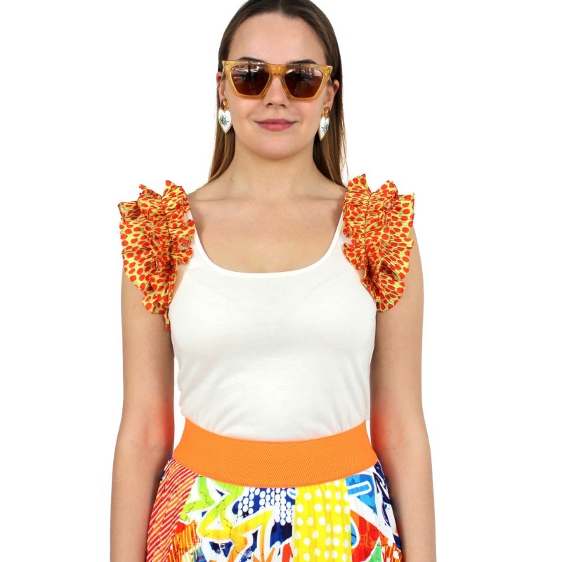 White Tank Top with Ruffled Polka-dot Shoulders
