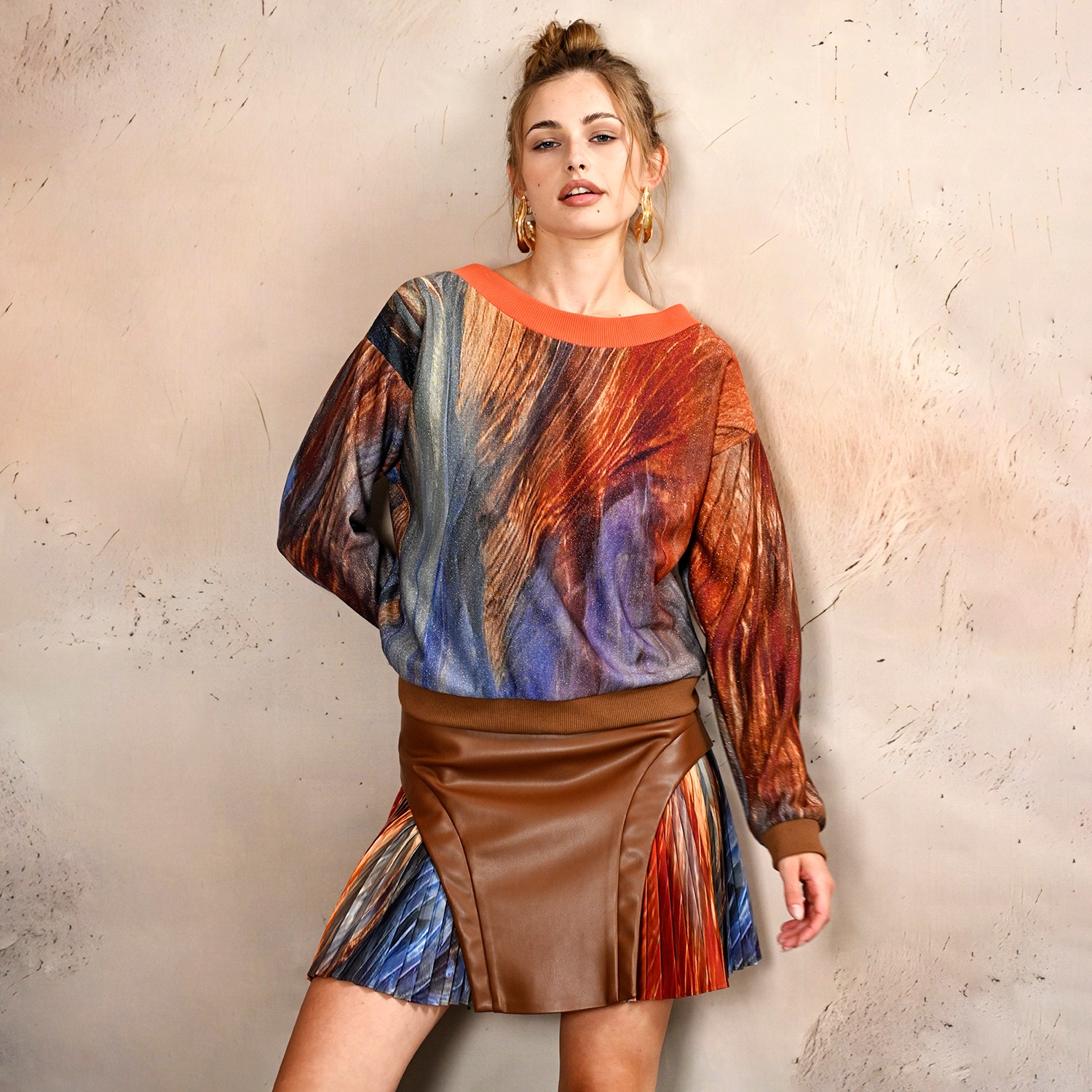 Mini Skirt With Pleated Digital Print Inserts And Vegan Leather Panels
