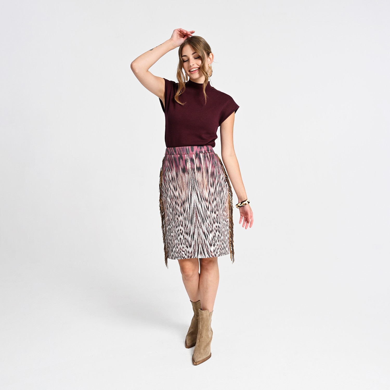 Pencil Skirt with Animal Print and Fringe Details