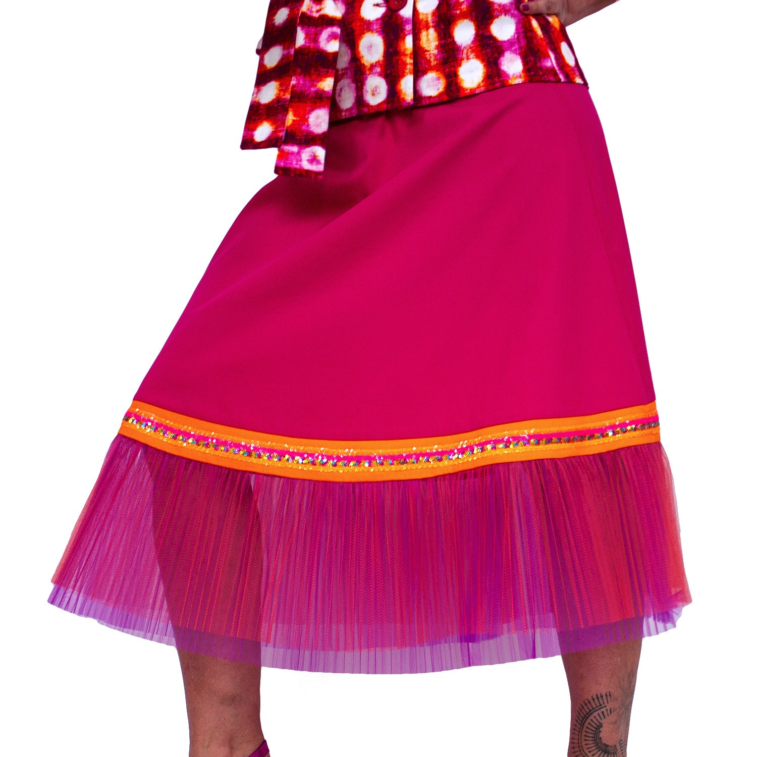 Fuchsia Skirt With Double Layer Pleated Tulle Detail