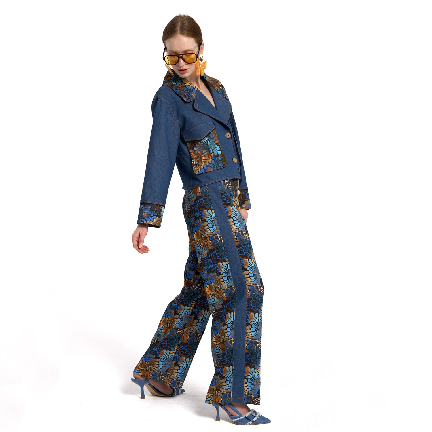 Floral Print Indigo Wide-Leg Pants