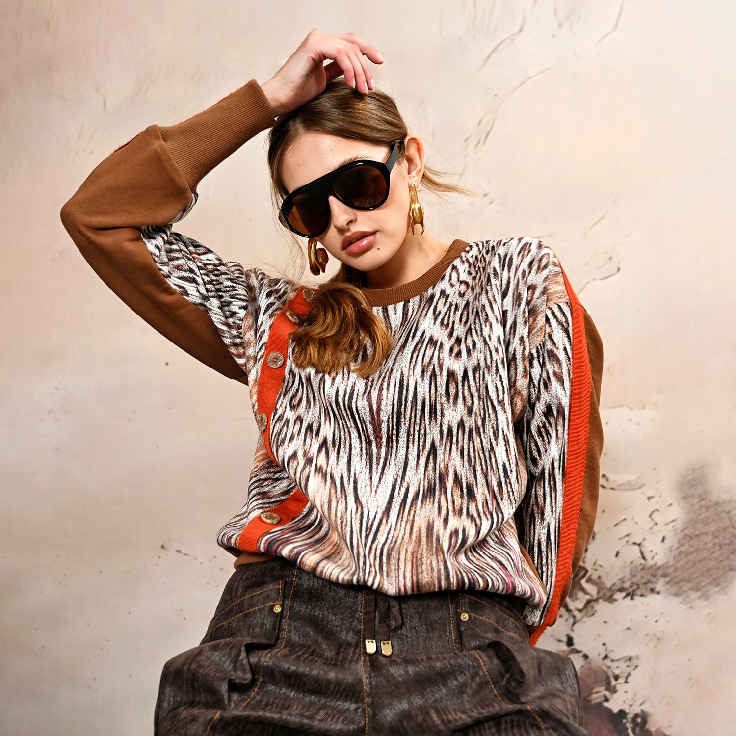 Animal Print Knit Sweatshirt with Button Detail
