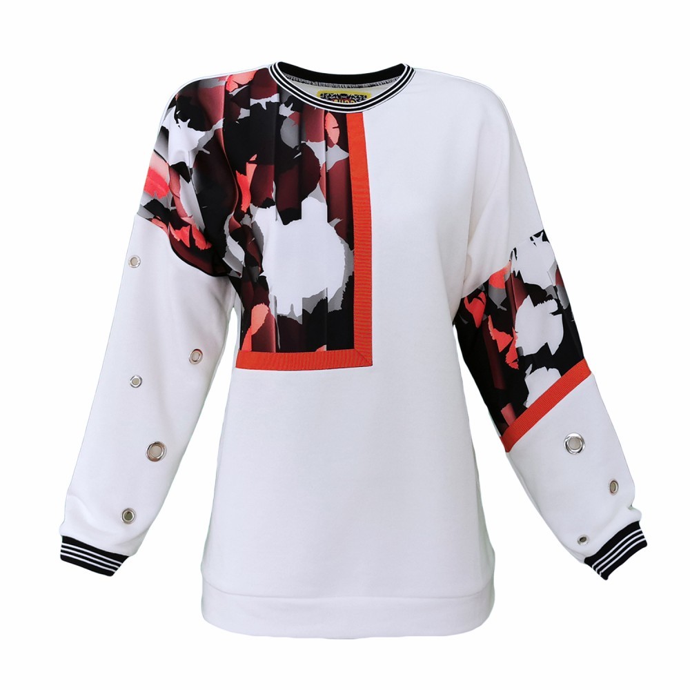 White Sweatshirt With Eyelet Details & Abstract Camo Print
