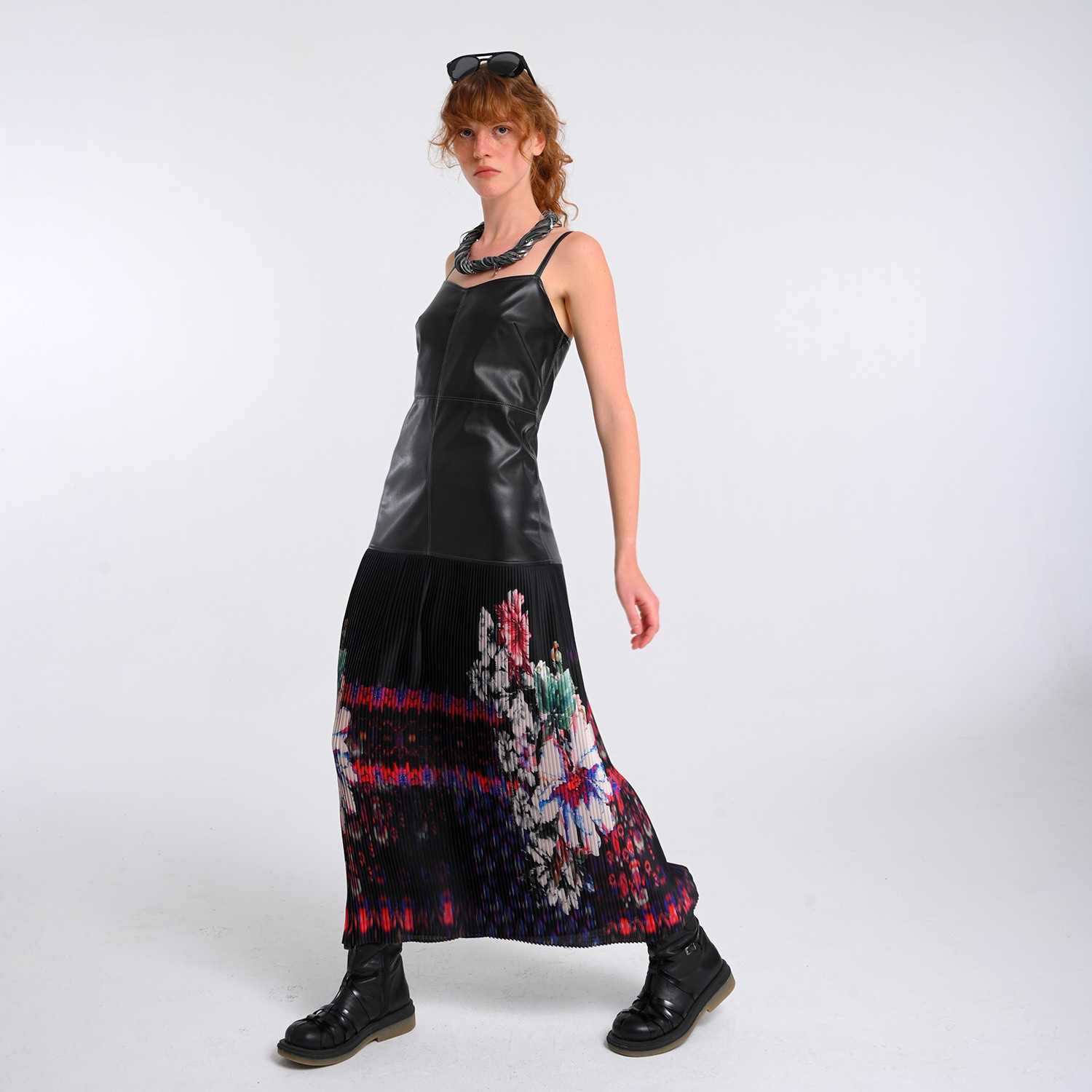 Vegan Leather Maxi Dress With Pleated Skirt