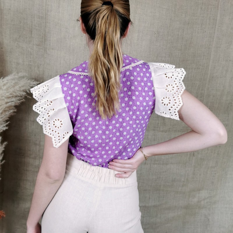 Peter Pan Collar Viscose Shirt with Ruffled Embroidered Sleeves
