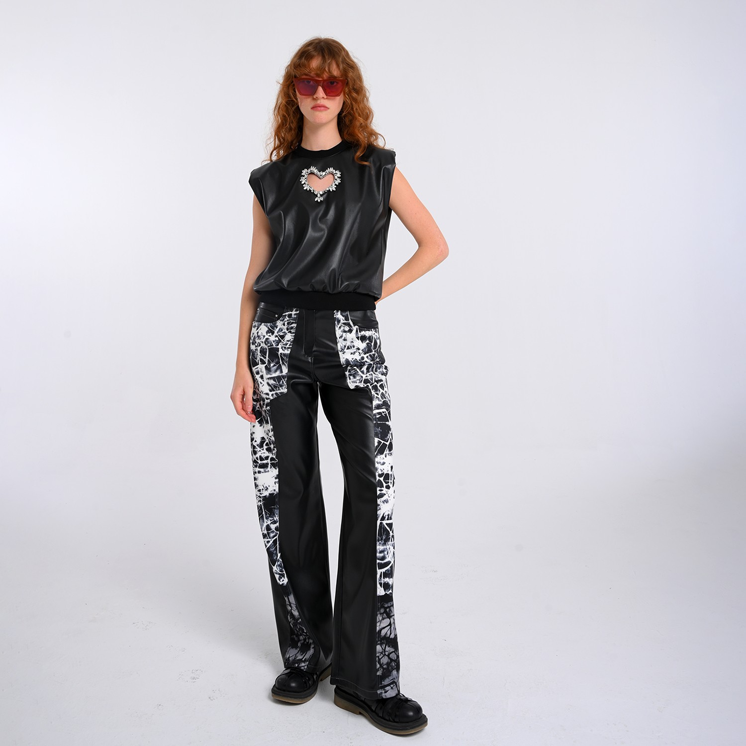 Black Vegan Leather Blouse With Faux Crystal Embellished Laser Cut-Out Heart