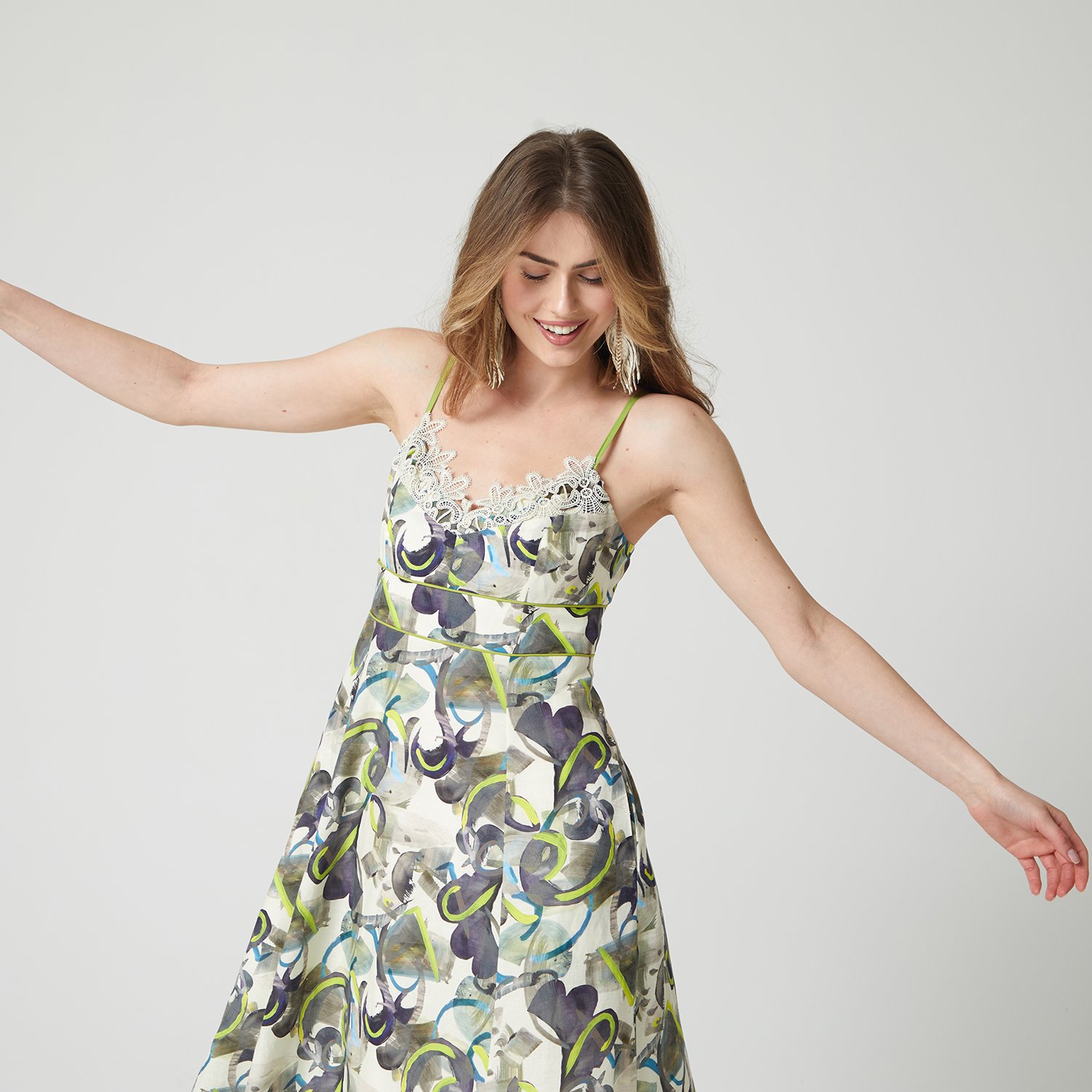 Abstract Print Linen Midi Dress
