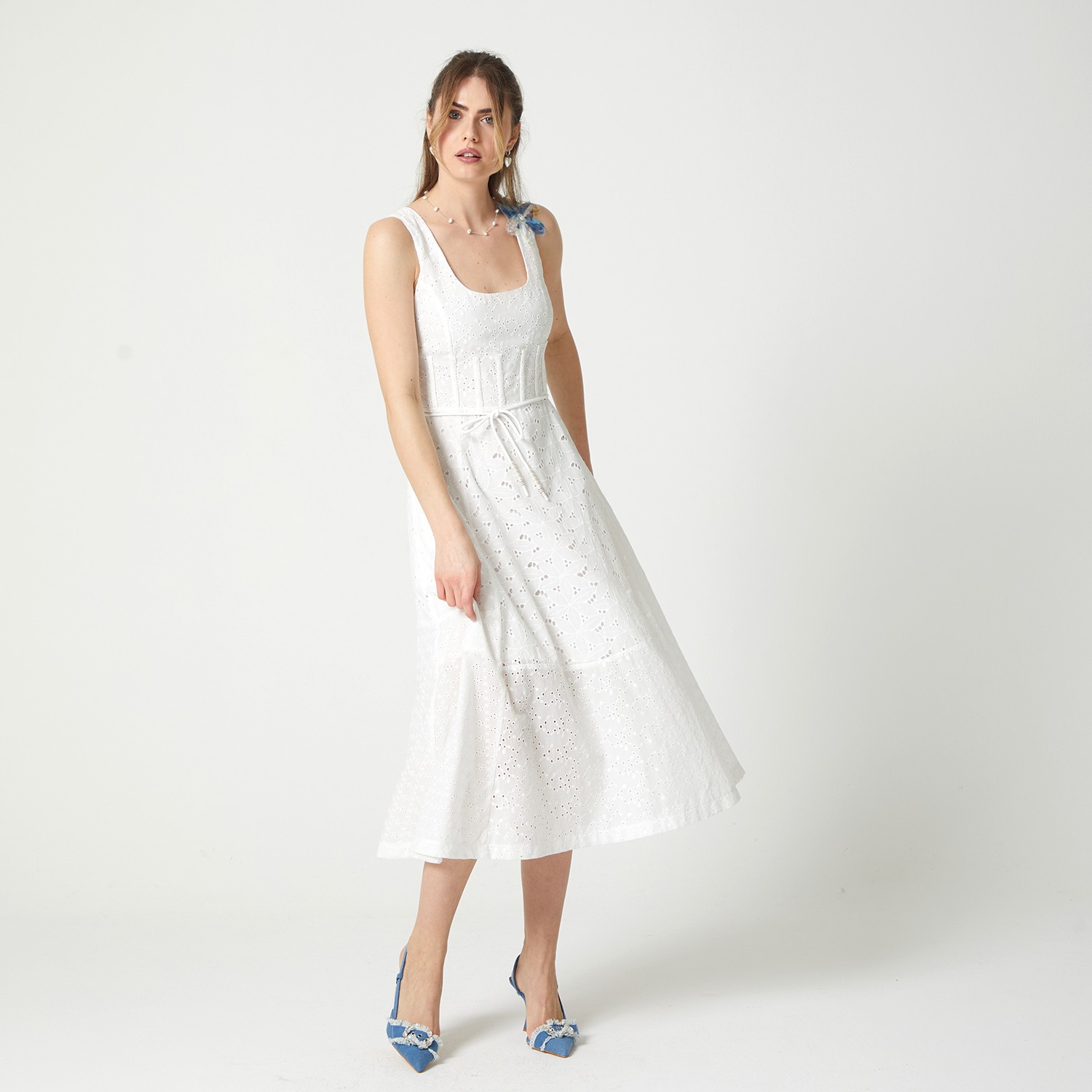 Scoop Neckline Broderie Anglaise Cotton Dress