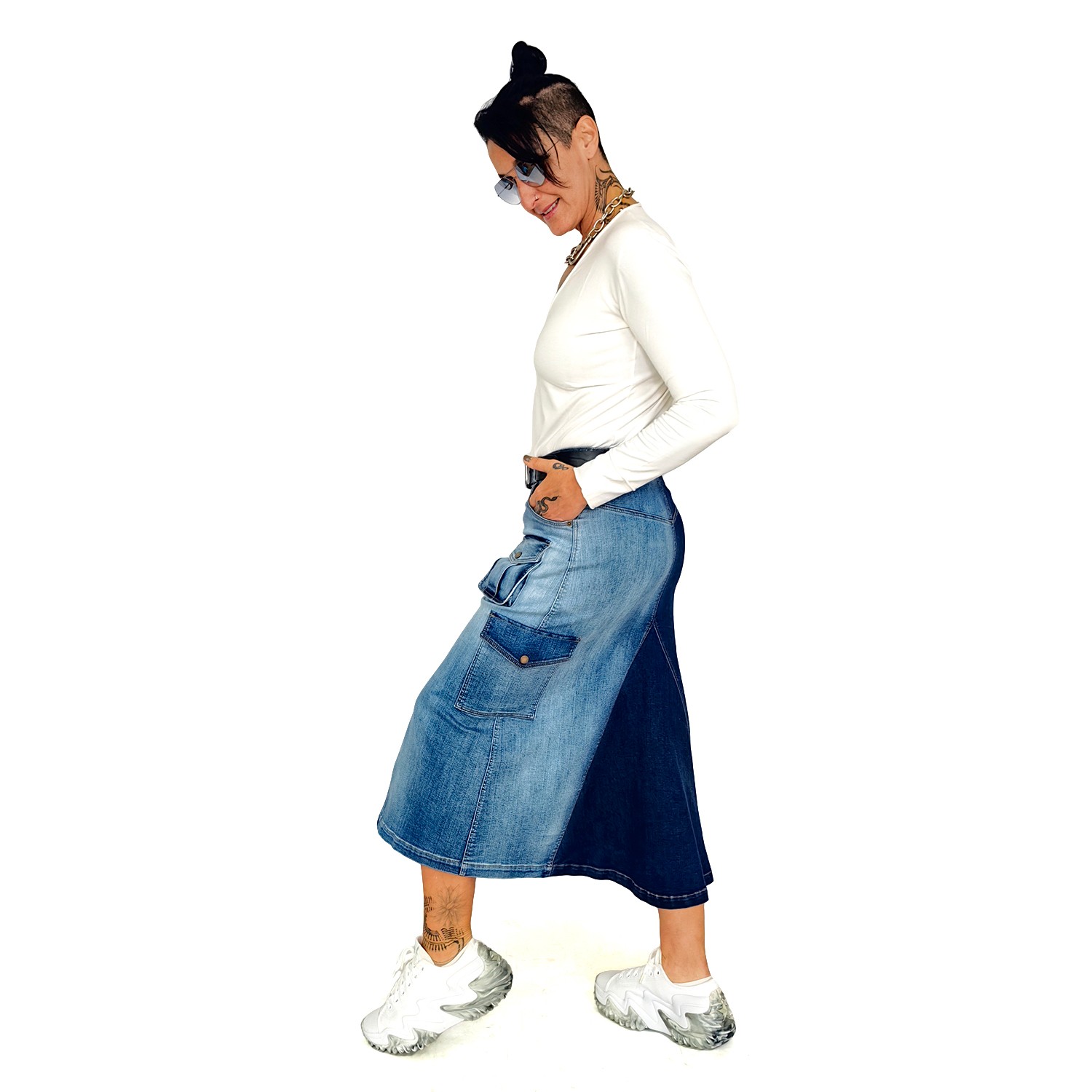 A Line Cargo Pocket Midi Denim Skirt