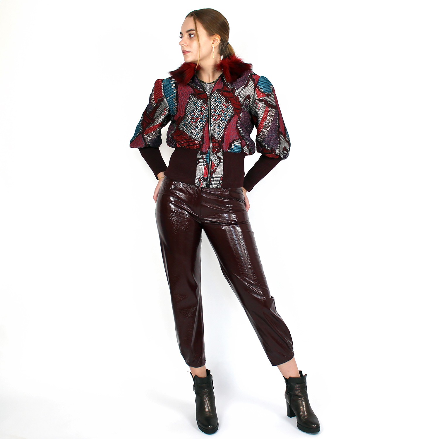 Jacquard Bomber Jacket With Faux Fur Collar