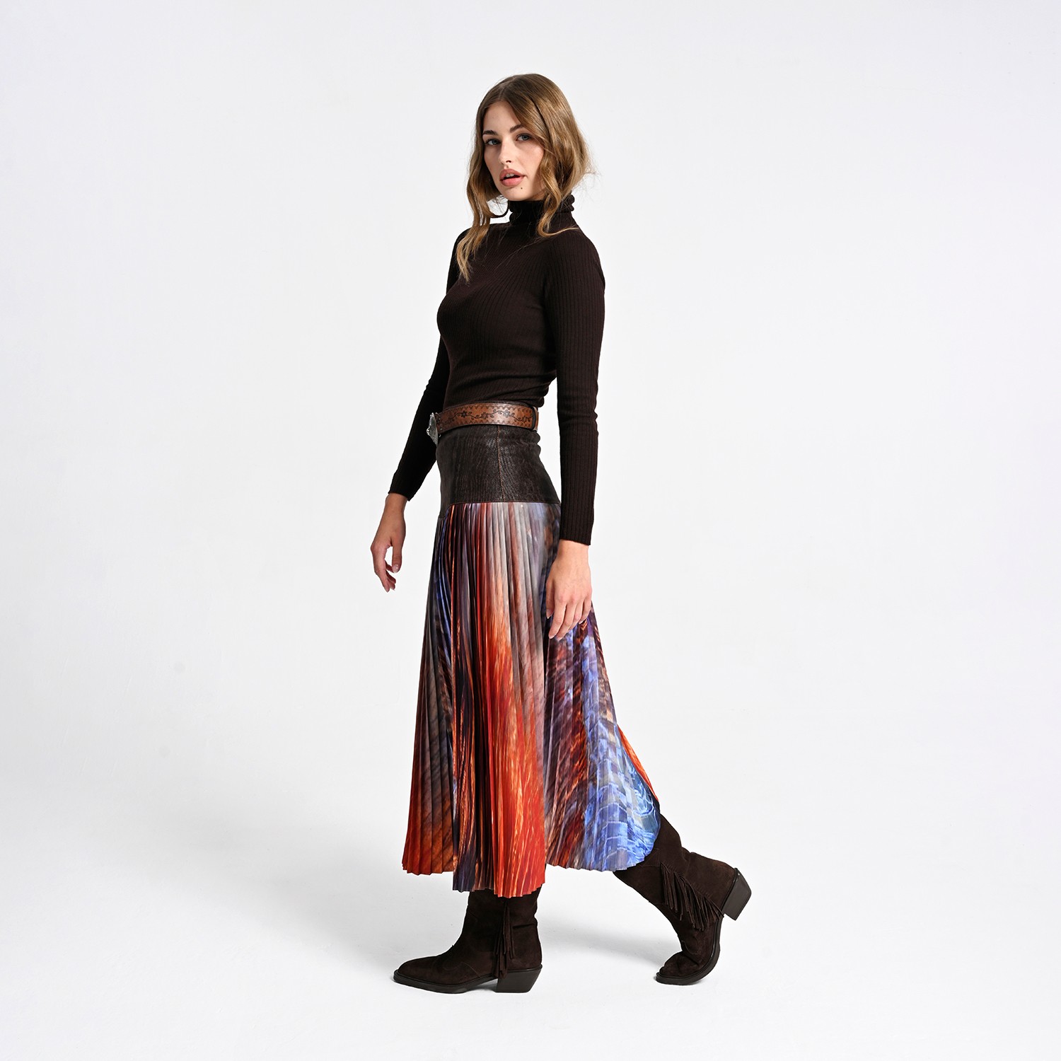 Pleated Midi Skirt With Wood-Textured Suede Feel Vegan Leather Waist