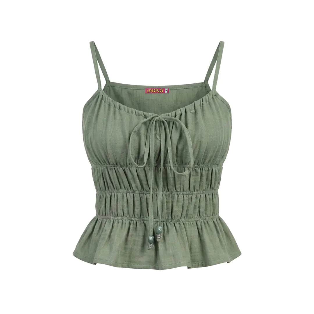 Sage Green Muslin Smocked Waist Tie-Front Camisole