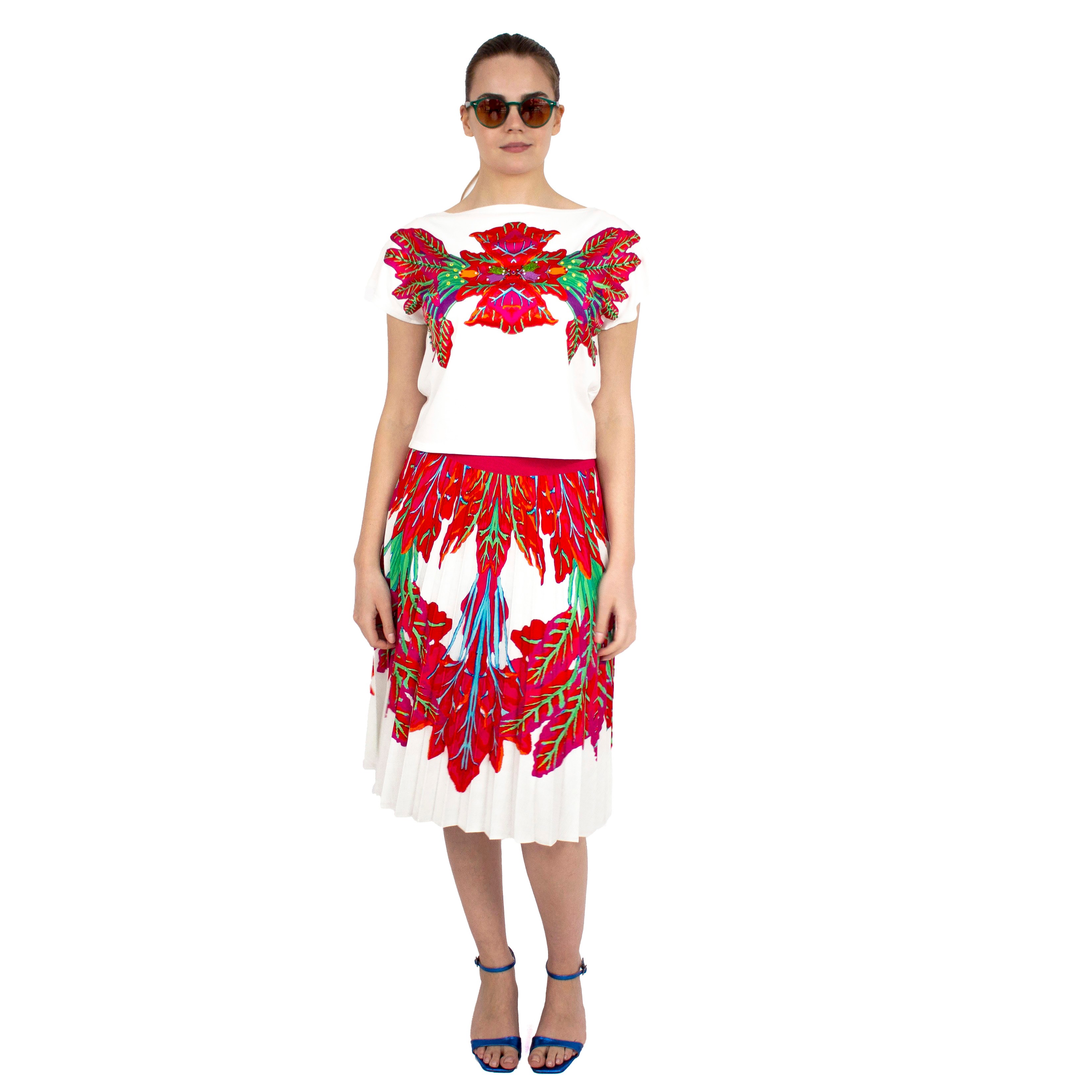 White Blouse with Laser-cut Red Leaves Print on the Chest