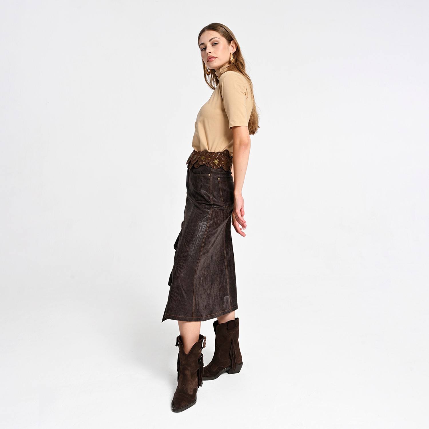 Ruffled Front Vegan Leather Midi Skirt
