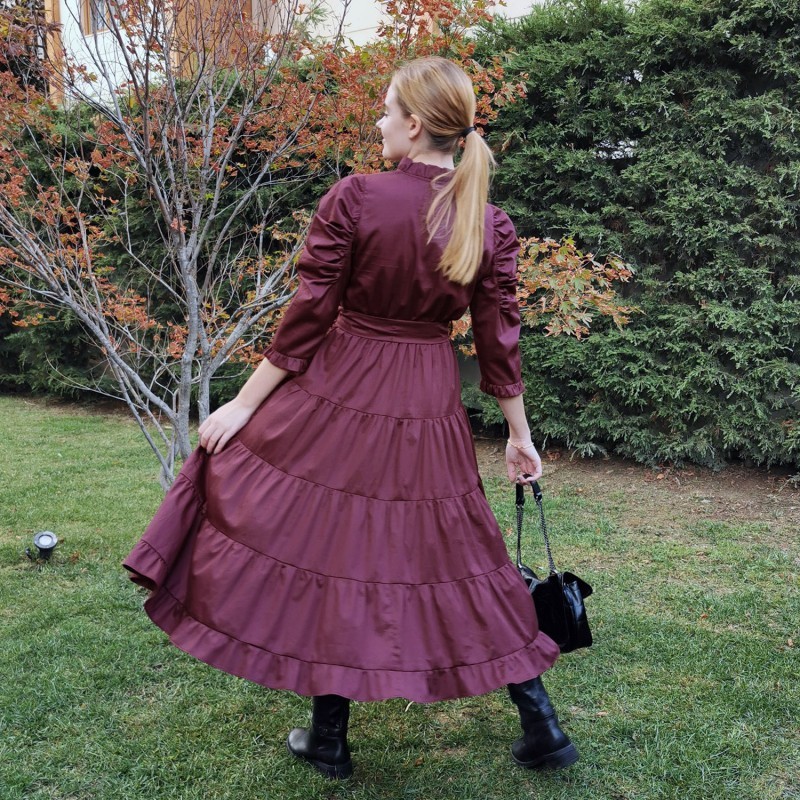 Cotton Poplin Burgundy Midi Dress